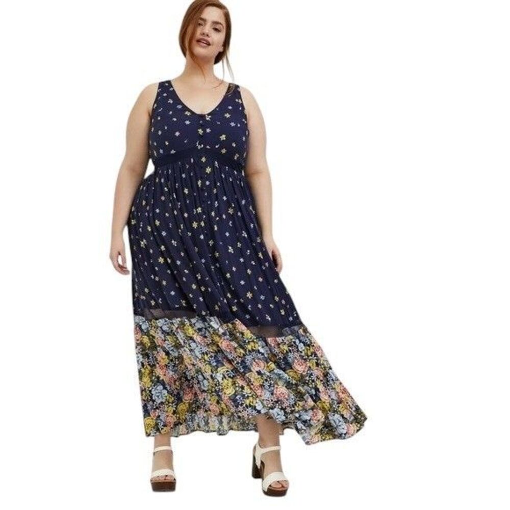Torrid Challis Floral Maxi Dress Navy Flare Bottom Sz 1 (14/16)